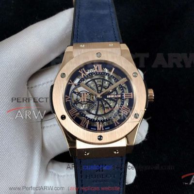 Perfect Replica Hublot Classic Fusion Rose Gold Case Blue Roman Hollow Face 45mm Watch